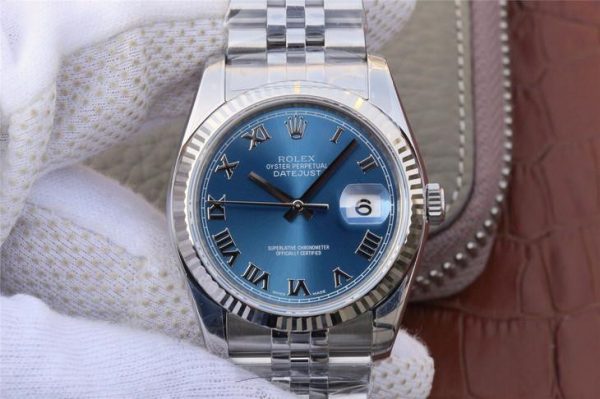 Rolex Datejust 116234 Replica Blaues Zifferblatt 36mm Silberne Damenuhr